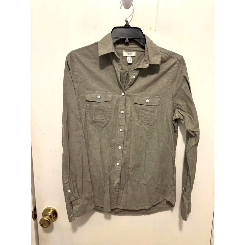 Lands End Canvas 1963 Blue Denim Look Long Sleeve Shirt Womens SZ Small